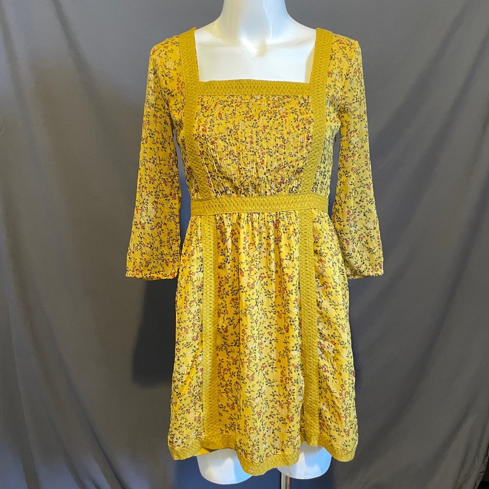 Romantic, boho golden, dusty yellow floral dress